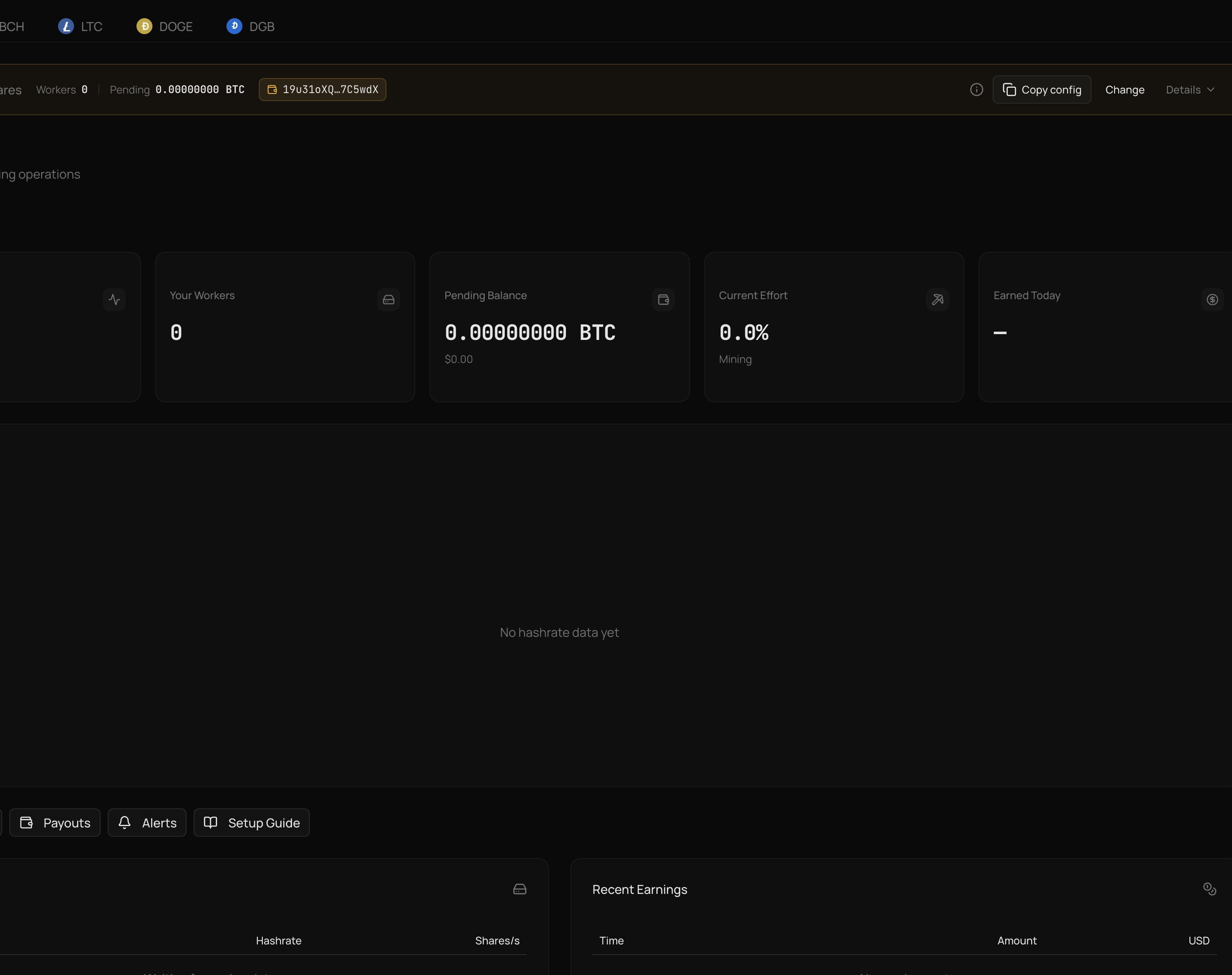Miner dashboard - workers, hashrate, shares, and coin effort after a clean connect
